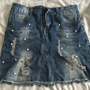Beaded Mini Jean Skirt (Size L) (Blue)
